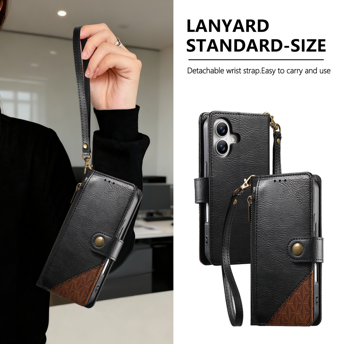 Flip Leather Case - PU-Leder Reißverschluss-Handgelenkschlaufe Flip-Wallet Kartenfach Handyhülle für