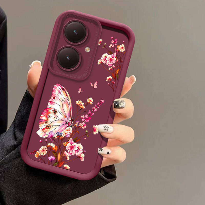 Vivo Y28 - Rosa Handyhülle mit Blumen- und Schmetterlingsmuster