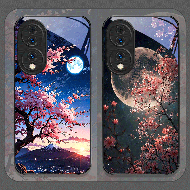 Phone Cases Cherry - Retro-Szenerie Mond Kirschblüte Gehärtetes Glas Handyhülle