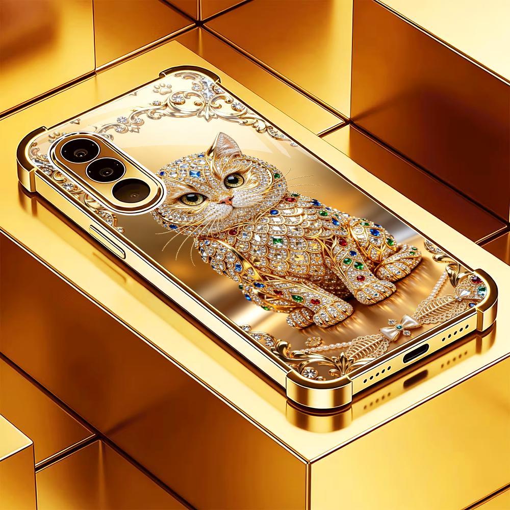Phone Cases Metal - Niedliche Edelstein-Goldkatze Handyhülle aus gehärtetem Glas