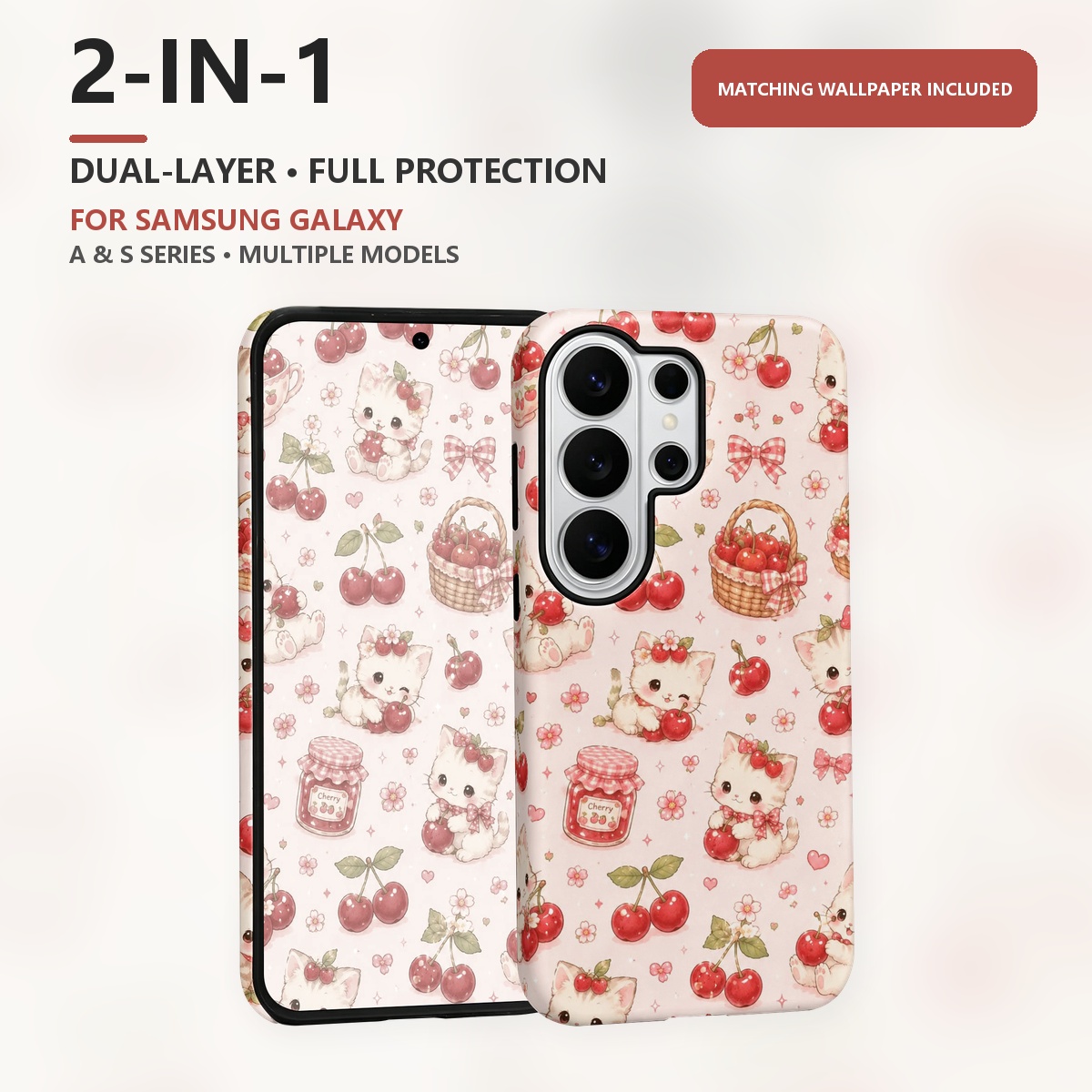 Phone Cases Cherry - Niedliches Kätzchen-Kirschmuster 2-in-1 Doppelschicht-Handyhülle für Samsung