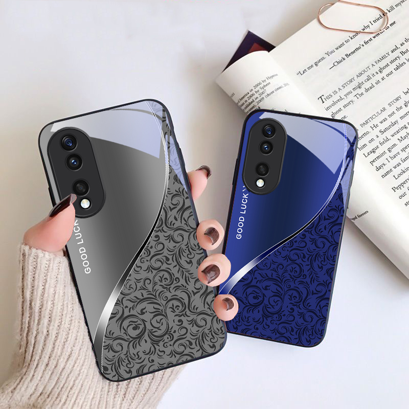 Phone Cases Honor - Schwarzes Glas-Handyhülle mit lockigem Grasmuster für